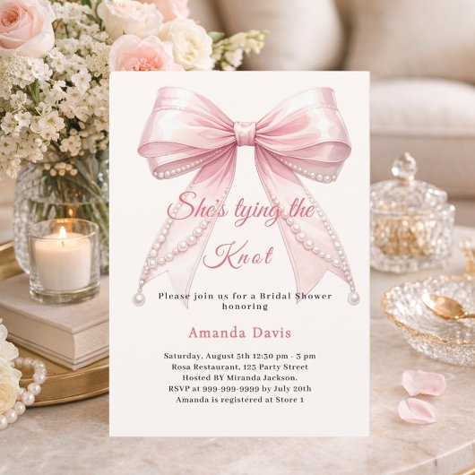 Pink bow ivory pearls tying knot Bridal Shower 招待状