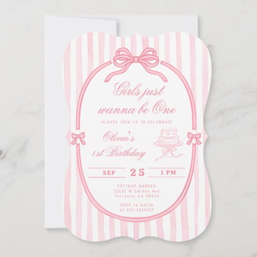 Pink Bow Just Wanna be One First Birthday 招待状 (正面)