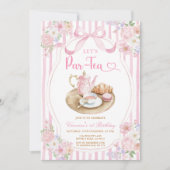 Pink Bow Let’s Par-tea Girl Birthday Stripe Floral 招待状 (正面)