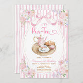 Pink Bow Let’s Par-tea Girl Birthday Stripe Floral 招待状 (正面/裏面)