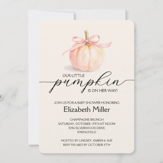 Pink Bow Little Pumpkin Baby Shower All In One 招待状 (正面)