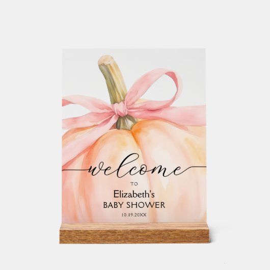 Pink Bow Little Pumpkin Baby Shower Welcome アクリルサイン (正面)