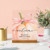 Pink Bow Little Pumpkin Baby Shower Welcome アクリルサイン (ウェディング)
