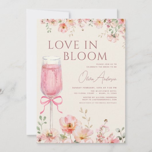 Pink Bow Love in Bloom Champagne Bridal Shower 招待状 (正面)
