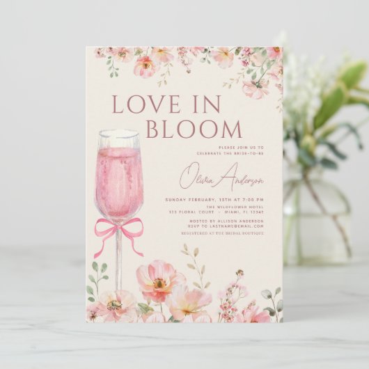 Pink Bow Love in Bloom Champagne Bridal Shower 招待状 (スタンド正面)