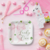 Pink Bow Lucky One 1st Birthday Paper Plates ペーパープレート (パーティー)