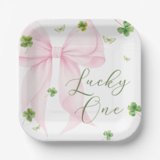 Pink Bow Lucky One 1st Birthday Paper Plates ペーパープレート