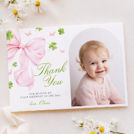 Pink Bow Lucky One Birthday Flat Thank You Card サンキューカード