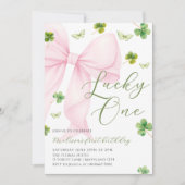 Pink Bow Lucky One Shamrock Clover 1st Birthday 招待状 (正面)