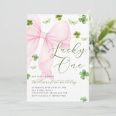 Pink Bow Lucky One Shamrock Clover 1st Birthday 招待状 (スタンド正面)