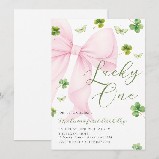 Pink Bow Lucky One Shamrock Clover 1st Birthday 招待状 (正面/裏面)