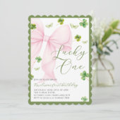Pink Bow Lucky One Shamrock Clover 1st Birthday 招待状 (スタンド正面)