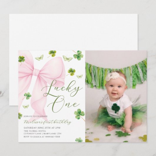 Pink Bow Lucky One Shamrock Clover 1st Birthday 招待状 (正面/裏面)