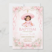 Pink Bow Mexican Baptism Charra Invitation 招待状 (正面)