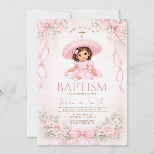 Pink Bow Mexican Baptism Charra Invitation 招待状 (正面)