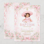 Pink Bow Mexican Baptism Charra Invitation 招待状 (正面/裏面)