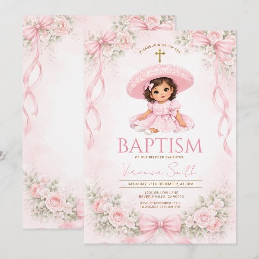 Pink Bow Mexican Baptism Charra Invitation 招待状 (正面/裏面)