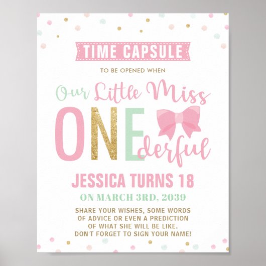 Pink Bow Miss ONEderful Birthday Time Capsule Sign ポスター (正面)