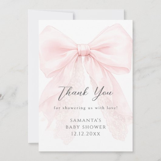 Pink Bow Modern Baby Shower Girl サンキューカード (正面)