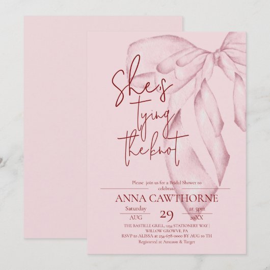 Pink Bow ⎮Modern Elegant Bridal Shower 招待状 (正面/裏面)