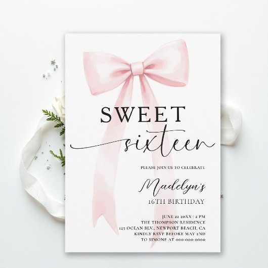Pink Bow Modern Elegant Simple Chic Sweet 16 招待状