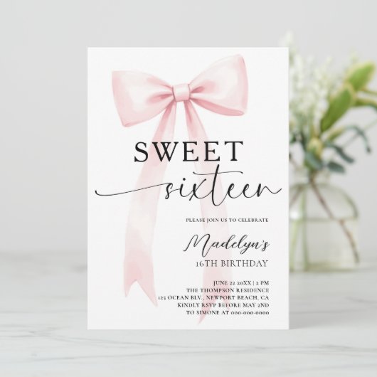Pink Bow Modern Elegant Simple Chic Sweet 16 招待状 (スタンド正面)