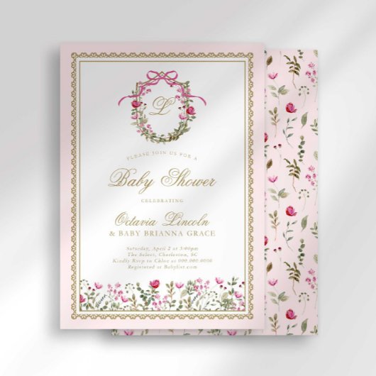 Pink Bow Monogram Baby in Bloom Shower 招待状