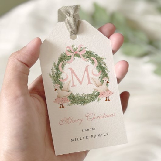 Pink Bow Monogram Crest Christmas ギフトタグ