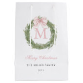 Pink Bow Monogram Wreath Christmas ミディアムペーパーバッグ (裏面)