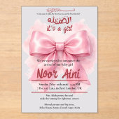 pink bow muslim baby girl birth arrival acrylic アクリル招待状 (正面)