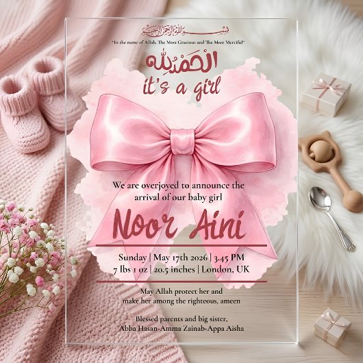 pink bow muslim baby girl birth arrival acrylic アクリル招待状