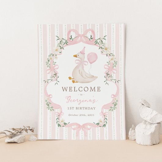 Pink Bow One Silly Goose 1st Birthday Welcome ポスター
