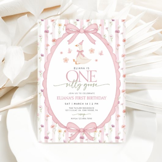 Pink Bow One Silly Goose Floral 1st Birthday 招待状