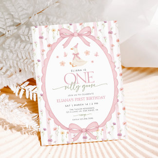 Pink Bow One Silly Goose Floral 1st Birthday 招待状