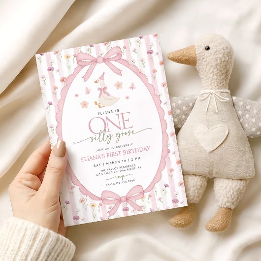Pink Bow One Silly Goose Floral 1st Birthday 招待状