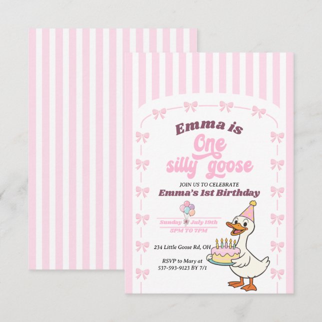 Pink Bow One Silly Goose Girl 1st Birthday Party  (正面/裏面)