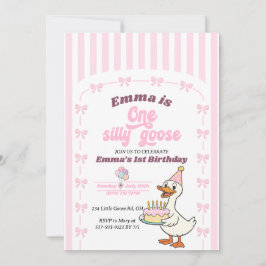 Pink Bow One Silly Goose Girl 1st Birthday Party  招待状