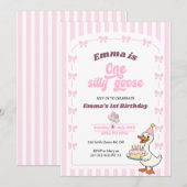 Pink Bow One Silly Goose Girl 1st Birthday Party 招待状 (正面/裏面)