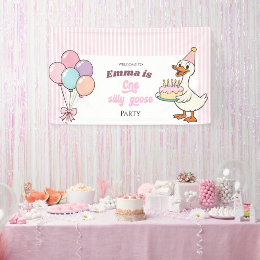 Pink Bow One Silly Goose Girl 1st Birthday Party 横断幕 (パーティー)