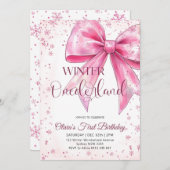 Pink Bow Onederland Christmas Birthday Party 招待状 (正面/裏面)