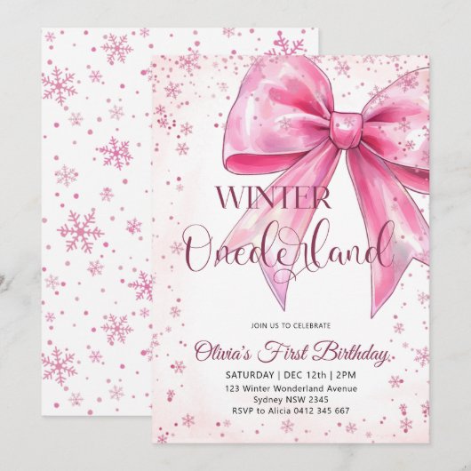 Pink Bow Onederland Christmas Birthday Party 招待状 (正面/裏面)