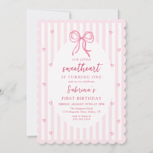 Pink Bow Our Little Sweetheart Birthday Invitation 招待状 (正面)