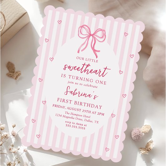 Pink Bow Our Little Sweetheart Birthday Invitation 招待状