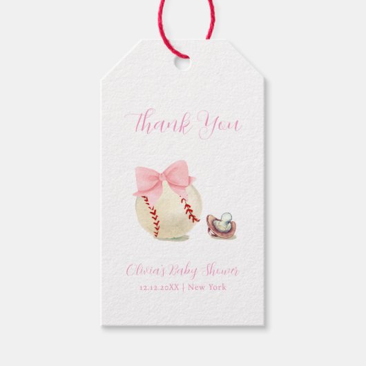 Pink Bow Pacifier Baseball Sport Girl Baby Shower ギフトタグ (正面)