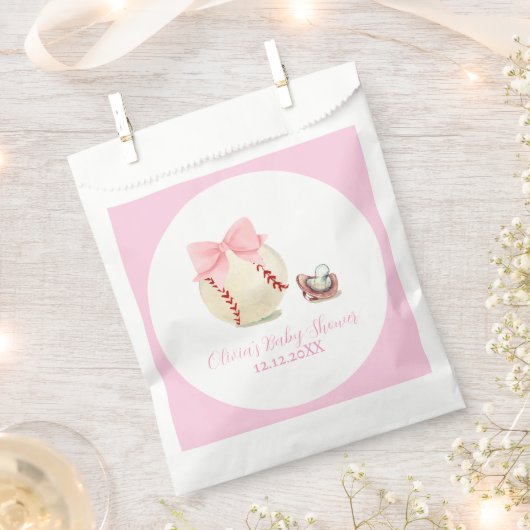 Pink Bow Pacifier Baseball Sport Girl Baby Shower フェイバーバッグ (クリップ留めされた状態)