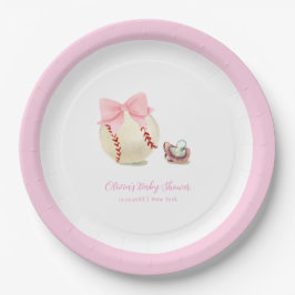 Pink Bow Pacifier Baseball Sport Girl Baby Shower ペーパープレート