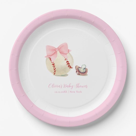 Pink Bow Pacifier Baseball Sport Girl Baby Shower ペーパープレート (正面)