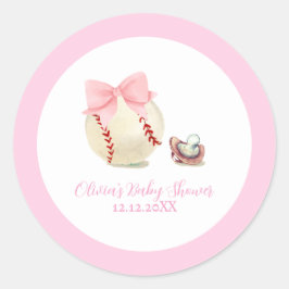 Pink Bow Pacifier Baseball Sport Girl Baby Shower ラウンドシール