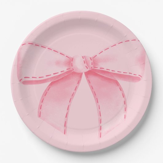 Pink Bow Paper Plate With Plain Pink Backround ペーパープレート (正面)
