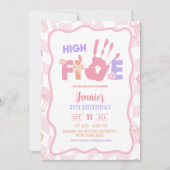 Pink Bow Pastel Retro High Five Party Birthday 招待状 (正面)